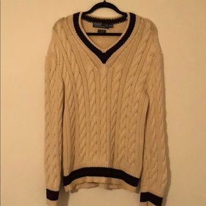 Men’s Medium White Polo Cable-Knit Tennis Sweater